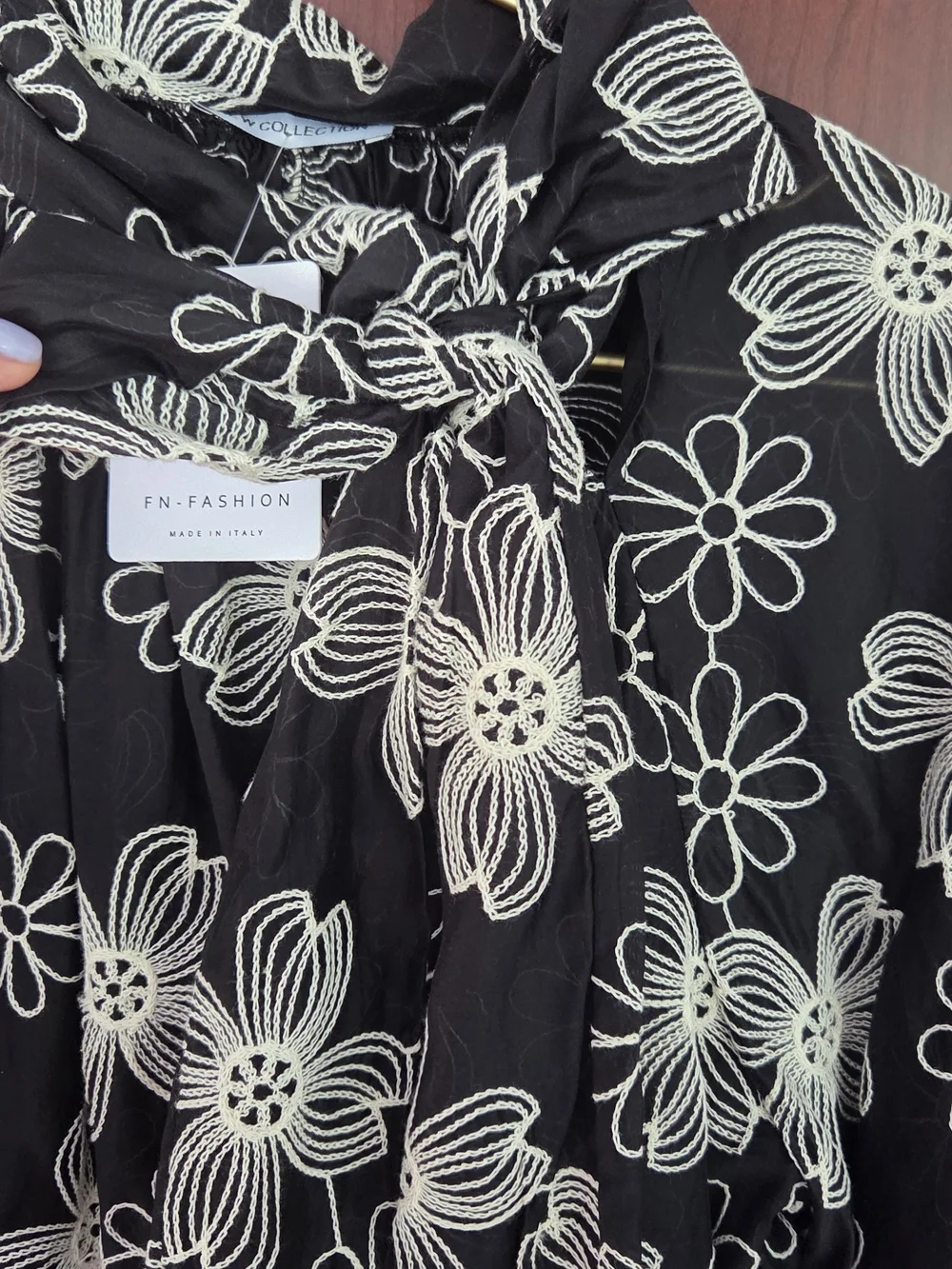 Black Floral Tie-Neck Blouse with Ivory Outline